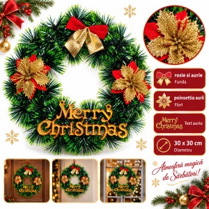 Coroniță de Crăciun artificială cu funde roșii-aurii și flori poinsettia, 30x30 cm