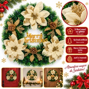 Coroniță de Crăciun cu flori aurii, conuri de pin și inscripție Merry Christmas, 34 x 30 cm