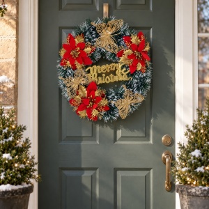Coroniță decorativă de Crăciun cu flori roșii și fluturași aurii glitter, 38x35 cm - Img 6