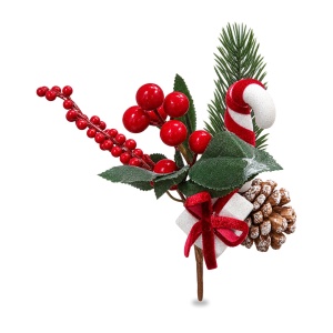 Crenguță decorativă de Crăciun cu fructe roșii, con de brad, baston și fundă catifea, 20cm