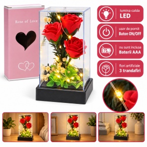 Cupolă cu trandafiri roșii și lumină LED, cu baterii AAA, suport negru, 19x6 cm