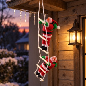 Decorațiune de Crăciun cu 2 Moș Crăciun pe scară, plastic și textil, 65 cm - Img 4
