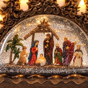 Decorațiune luminoasă de Crăciun cu scena Nașterii Domnului, cu muzică și sclipici, 17x13 cm - Img 4