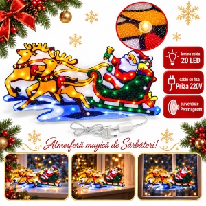 Decorațiune luminoasă de Crăciun, Moș Crăciun cu sanie, 20 LED, priză 220V, 57x38 cm