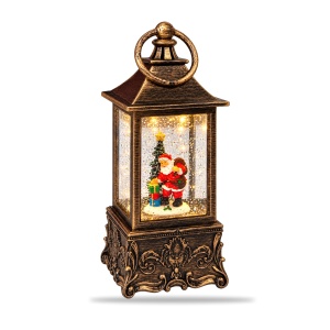 Felinar decorativ de Crăciun cu Moș Crăciun și sclipici, cu lumini și muzica , 23 cm - Img 2