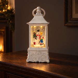 Felinar decorativ de Crăciun cu om de zăpadă, cu lumini LED și muzică, 22x9 cm - Img 3
