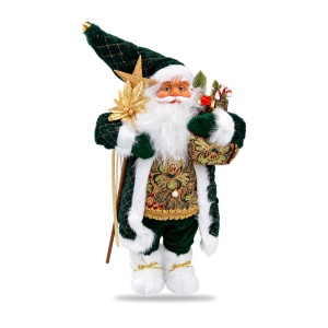 Figurină Moș Crăciun decorativă cu toiag și sac cadouri, costum verde cu broderii aurii, 65 cm - Img 2