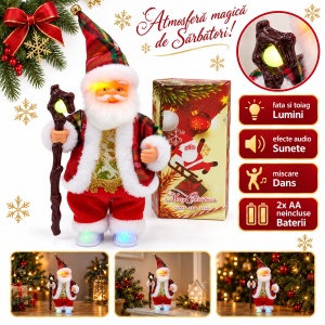 Figurină Moș Crăciun interactiv cu lumini, sunete și dans, baterii AA, 30x15 cm