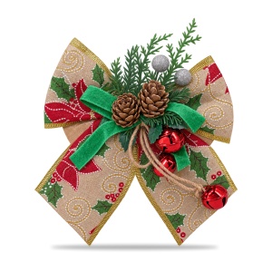 Fundă decorativă de Crăciun cu clopoței, conuri și crenguțe, pânză tip iută, 15x13cm - Img 2