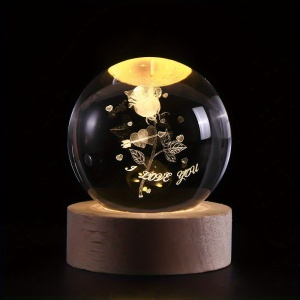 Glob Cristal 3D cu Trandafir si Mesaj , œI Love You, , Baza Lemn cu LED Calda, 10 cm, Cadou Romantic - Img 2