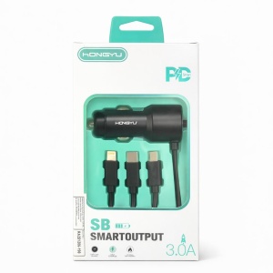 Încărcător auto Hongyu HY-C01 30W PD Dual USB cu cablu 3-în-1 integrat, încărcare rapidă 3.0A