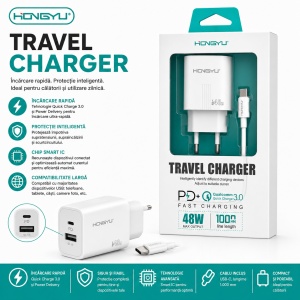 Încărcător Rapid 48W USB-C și USB-A cu Quick Charge și Power Delivery – Cablu Inclus - Img 2