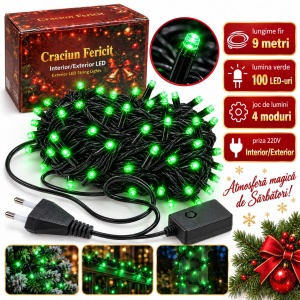 Instalatie de Craciun, 9 m, 100 LED-uri, lumina verde, 4 moduri, fir negru, Interior/Exterior - Img 5