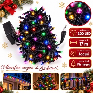 Instalație de Crăciun tip țurțuri, 17 m, 200 LED-uri, multicolor, fir negru - Img 9