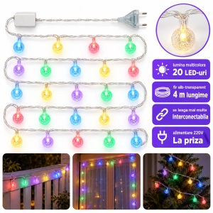 Instalație LED tip liniar, 4 m, 20 LED-uri cu model globulet, multicoloră, fir alb, interconectabilă
