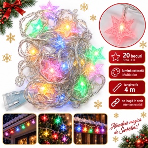 Instalație LED tip liniar, 4 m, 20 LED-uri in forma de stea, multicoloră, fir alb, interconectabilă