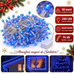 Instalatie LED tip Liniara, 30 m, 240 LED, Albastru, Fir Alb, Jocuri de Lumini