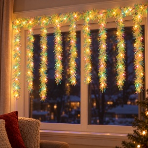 Instalație LED tip perdea cu beteală galbenă, 200 LED alb cald, 3 m, fir 1 m - Img 3