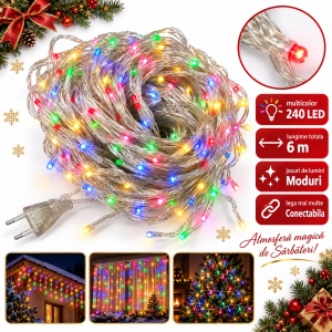 Instalație LED tip ploaie, 240 LED multicolore, 6 m, fir alb , interconectabilă