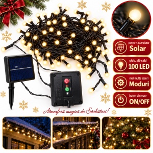 Instalație solară luminoasă de Crăciun, 100 LED alb cald, 10 m, LED in forma de globulet - Img 2