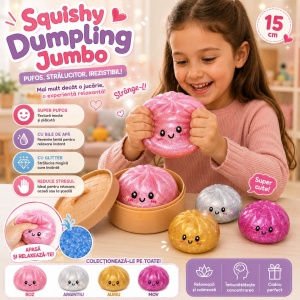 Jucărie Antistres Squishy Dumpling Gigant cu Bile din Gel și Sclipici, 15 cm, Culoare Aleatorie - Img 3