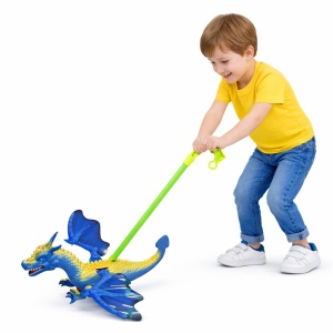 Jucarie de impins dragon albastru cu aripi si roti, model interactiv copii - Img 2