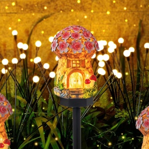 Lampă solară LED decorativă pentru grădină, design ciupercă cu flori galbene, plastic durabil - Img 4