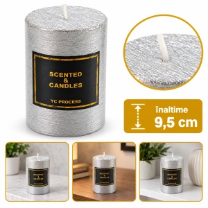 Lumânare parfumată decorativă din ceară, cu fitil din bumbac, argintie, 9,5x6,5 cm