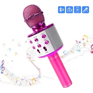 Microfon karaoke wireless Bluetooth cu difuzor, voice changer, USB si TF Card, roz intens - Img 4