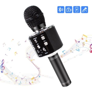 Microfon karaoke wireless Bluetooth cu difuzor, voice changer, USB si TF Card, negru