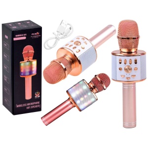 Microfon karaoke wireless cu boxa Bluetooth, lumini LED si efecte vocale, rose gold