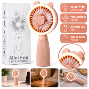 Mini ventilator de mână cu lumină LED, 3 trepte de viteză, reîncărcabil USB, bej