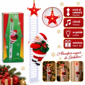 Moș Crăciun pe scară 70 cm (3 piese), figurină 20 cm, plastic și textil, muzică și lumini - Img 6