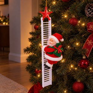 Moș Crăciun pe scară 70 cm (3 piese), figurină 20 cm, plastic și textil, muzică și lumini - Img 11