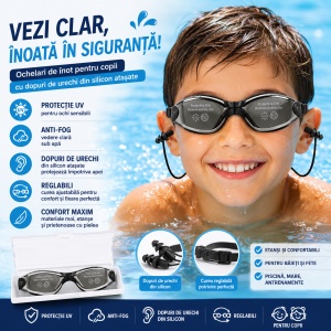 Ochelari de inot copii negri reglabili cu dopuri de urechi silicon anti-fog UV - Img 2