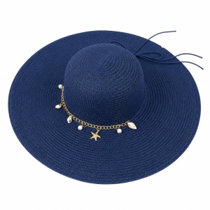 Pălărie Damă Bleumarin de Vară cu Bor Lat, Lanț Decorativ și Perle Elegante