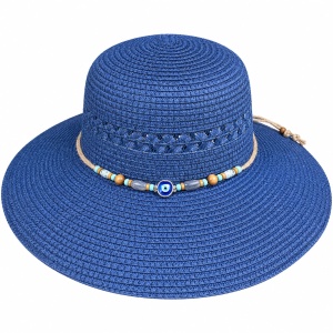 Pălărie de Plajă Albastră cu Boruri Largi și Accesoriu Decorativ - Img 2