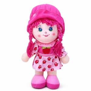 Papusa textila 38 cm, recita „Ingerasul”, rochie roz cu mere, jucarie copii +3 ani