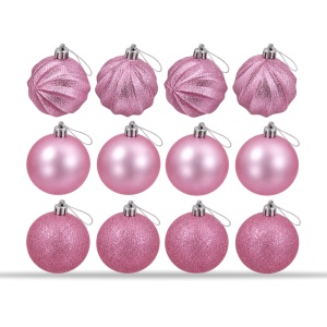 Set 12 globuri de brad roz, modele asortate, cu sclipici, 17 × 12 cm