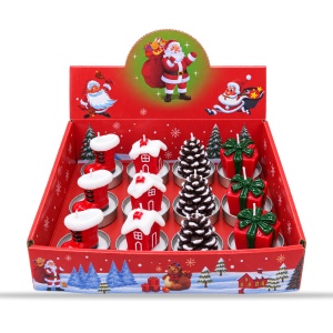 Set 12 lumânări decorative de Crăciun, 4 modele - cizmă, căsuță, con brad, cadou, 20x14x7cm