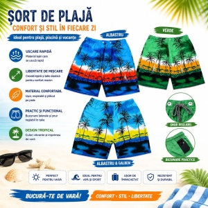 Set 12 Sorturi de Baie Bărbați Tropicale – Culori și Mărimi Asortate, Uscare Rapidă, Model Palmieri - Img 2