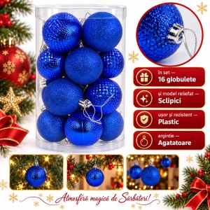 Set 16 globuri de Crăciun albastre din plastic, modele asortate cu sclipici, tub 33x17 cm