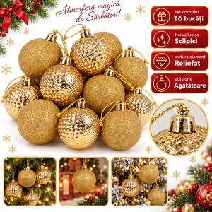 Set 16 globuri de Crăciun aurii, model mixt cu sclipici și reliefat, plastic