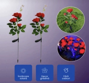 Set 2 Lămpi Solare Decorative de Grădină, Flori de Plastic cu LED, Roșu, Rezistente la Apă - Img 3