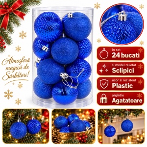 Set 24 globuri de Crăciun albastre din plastic, modele asortate cu sclipici, tub 33x17 cm
