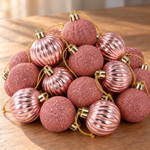 Set 24 globuri de Crăciun roz deschis, glitter și lucios, plastic, tub 30x12 cm - Img 2