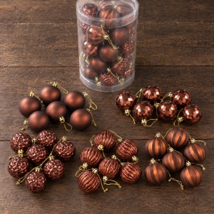 Set 34 globuri de Crăciun arămii, plastic, modele diverse, agățătoare aurie, cutie 43×23 cm - Img 3
