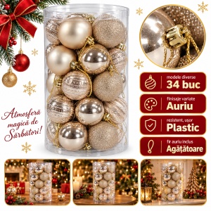 Set 34 globuri de Crăciun, auriu, plastic, modele diverse, agățătoare aurie, cutie 45×24 cm