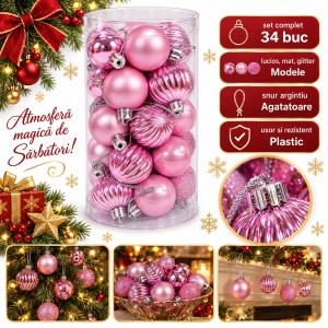 Set 34 globuri de Crăciun roz, finisaje lucios, mat și glitter, plastic, tub 28x15 cm
