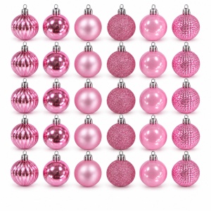 Set 36 globuri de Crăciun roz, 6 modele, plastic, agățătoare argintie, cutie 29 x 14 cm